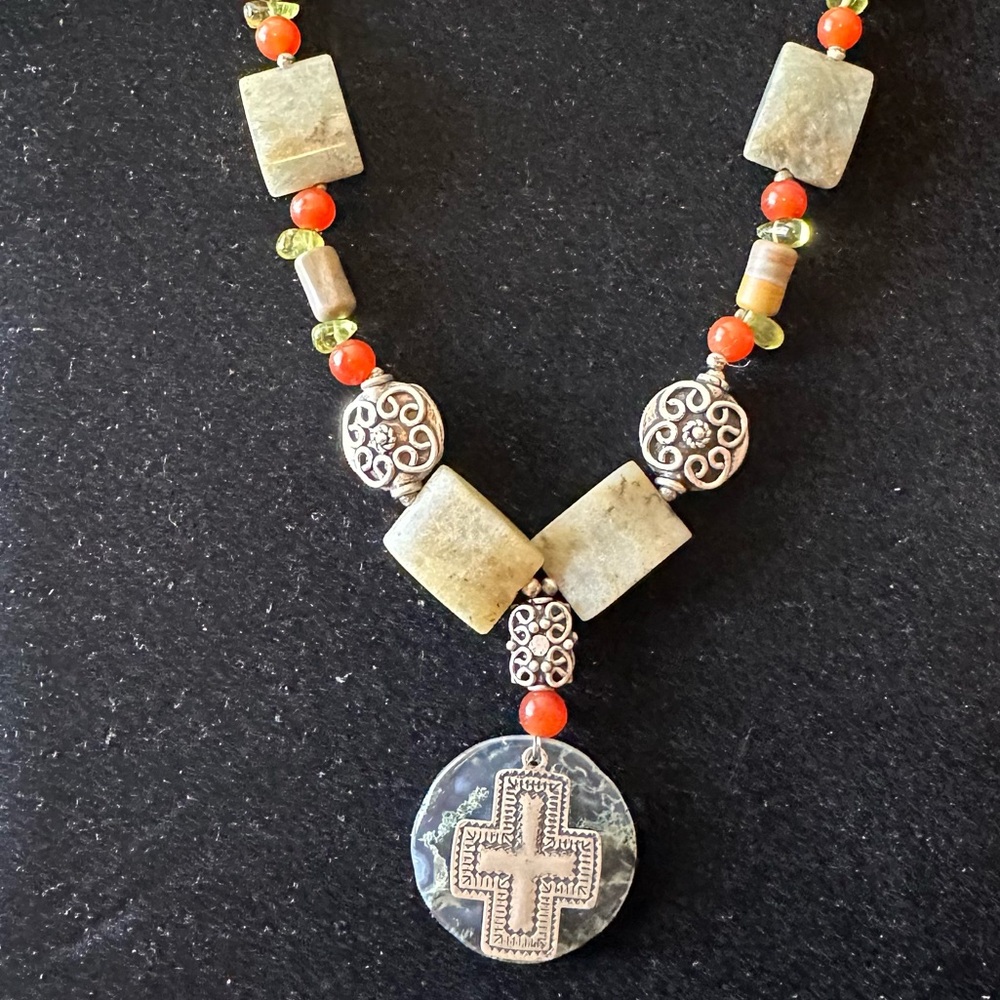 Sterling Silver & Gemstone Necklace with Cross